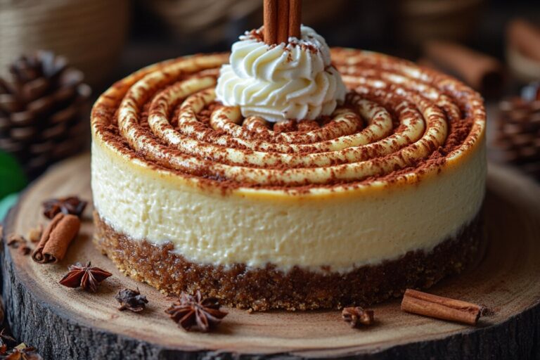 Delicious cinnamon roll cheesecake with cream cheese frosting on a rustic table.