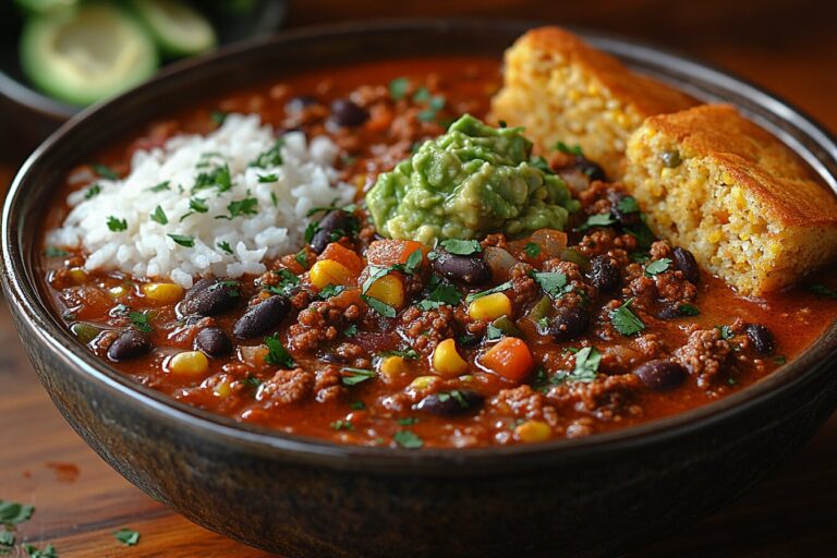 A bowl of chili con carne served with rice, cornbread, and guacamole on a rustic wooden table