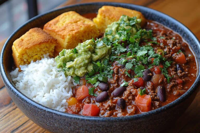 Bowl of chili con carne with rice, cornbread, and guacamole on a wooden table.