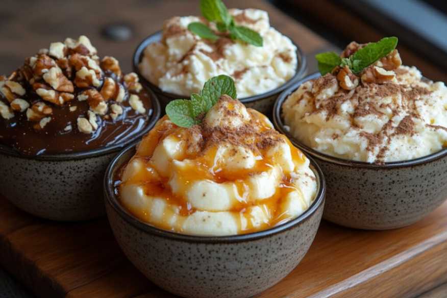 versions of sour cream burnt grapes with unique toppings: orange zest, cinnamon, and mascarpone cheese