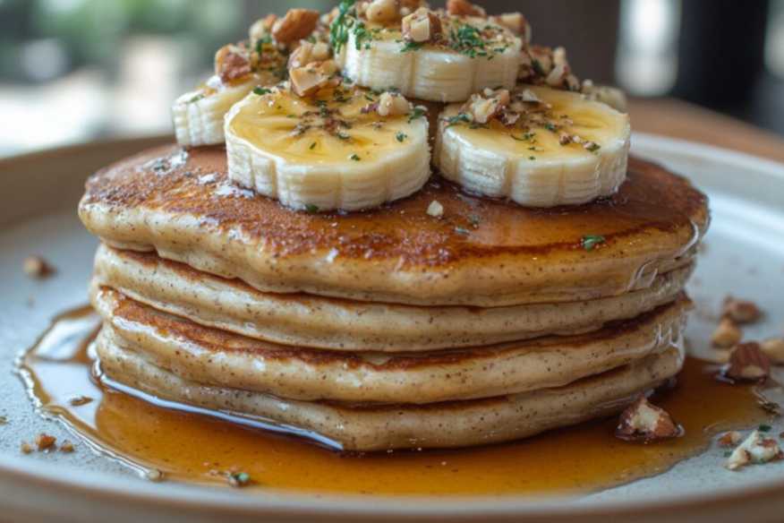 Gluten-free dairy-free pancakes topped with bananas, nuts, and maple syrup on a breakfast table.