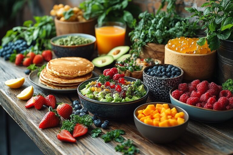 Delicious gluten and dairy free breakfast spread with smoothie bowls, toast, pancakes, and fruits on a rustic table.