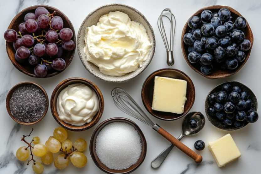 Flat lay of ingredients for sour cream burnt grapes, including grapes, sour cream, sugar, and vanilla extract.