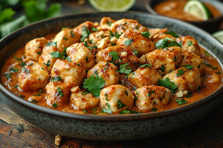 A plate of peanut butter chicken garnished with peanuts and cilantro, served with lime wedges.