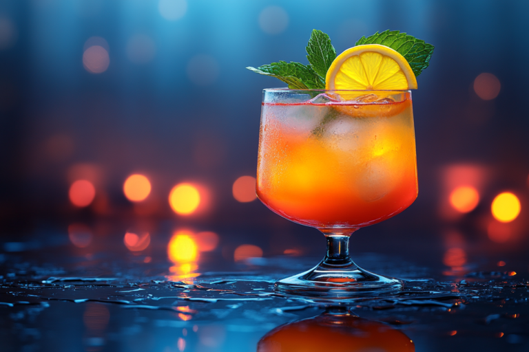 A refreshing cocktail in a glass, garnished with lemon and mint, showcasing the use of sweet and sour mix