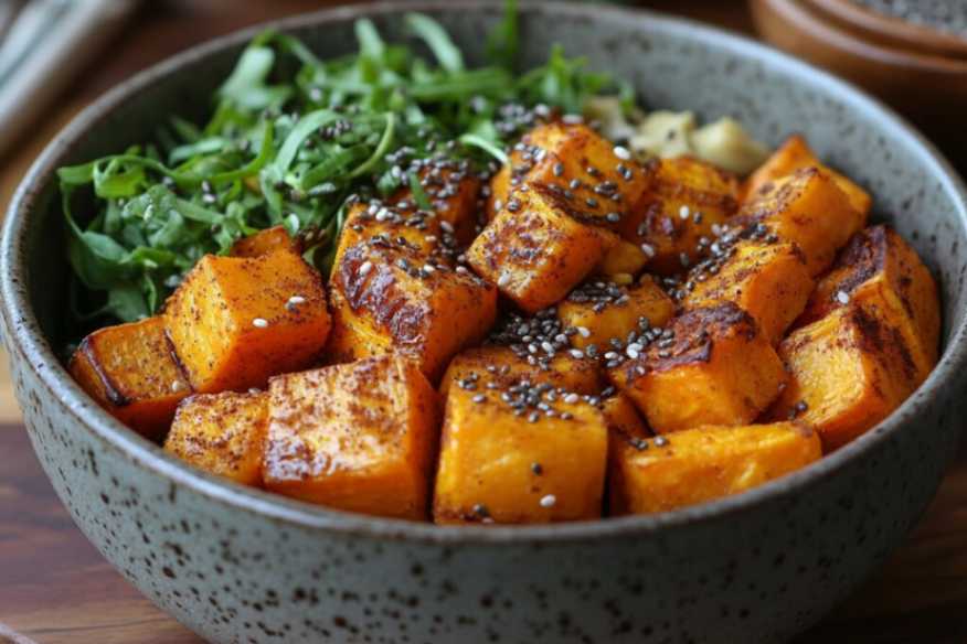 A warm sweet potato breakfast bowl with almond butter, cinnamon, and chia seeds for a gluten-free dairy-free start.