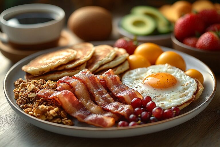 A breakfast table spread featuring bacon, eggs, hash browns, fruit bowls, avocado toast, pancakes, and coffee.