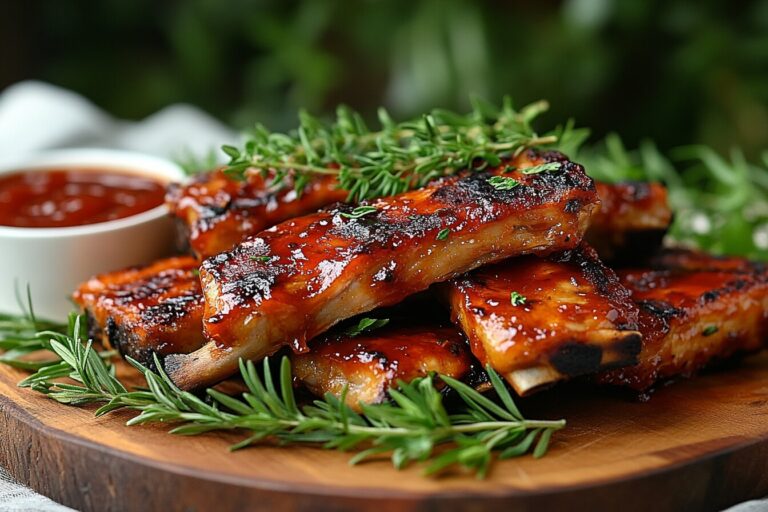 Grilled turkey ribs with barbecue glaze on a wooden platter