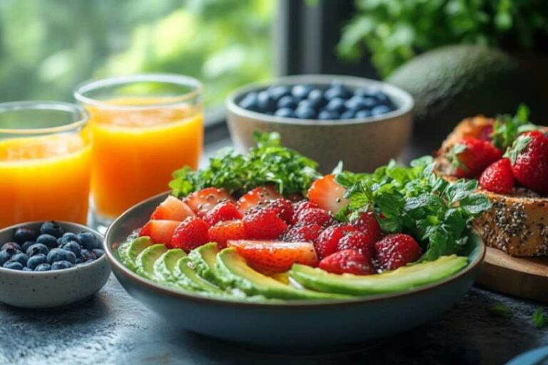 A colorful table featuring gluten-free dairy-free breakfasts like smoothie bowls, chia pudding, and avocado toast in natural light.