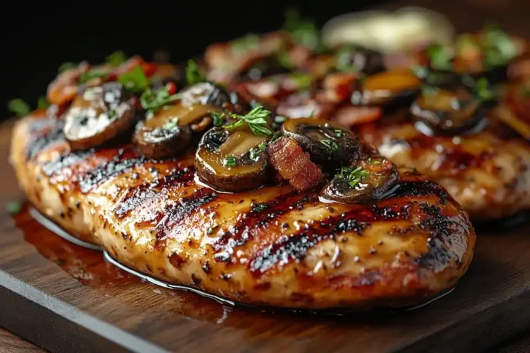 Grilled chicken breast topped with melted cheese, mushrooms, and crispy bacon, drizzled with honey mustard sauce