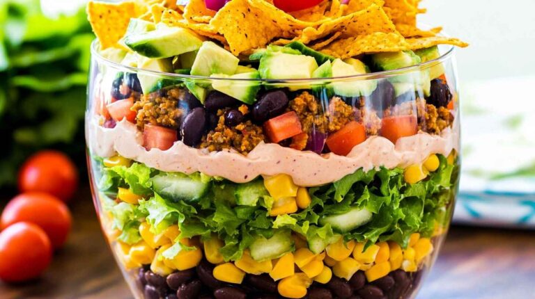 Layered taco salad with lettuce, beans, corn, taco meat, dressing, cheese, tomatoes, olives, avocado, and chips.