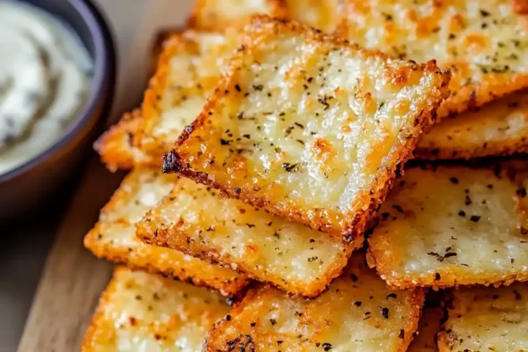 Close-up of crispy, golden Cottage Cheese Chips stacked on a wooden board with dip on the side.