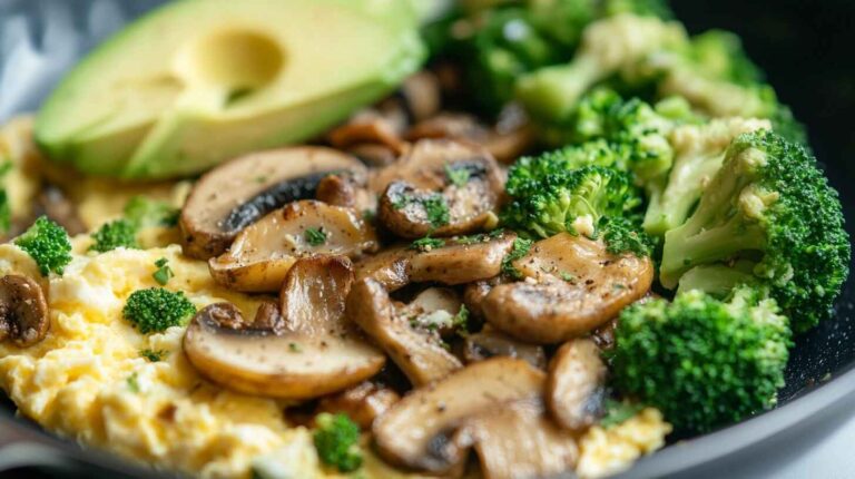 Scrambled eggs with veggies in a skillet