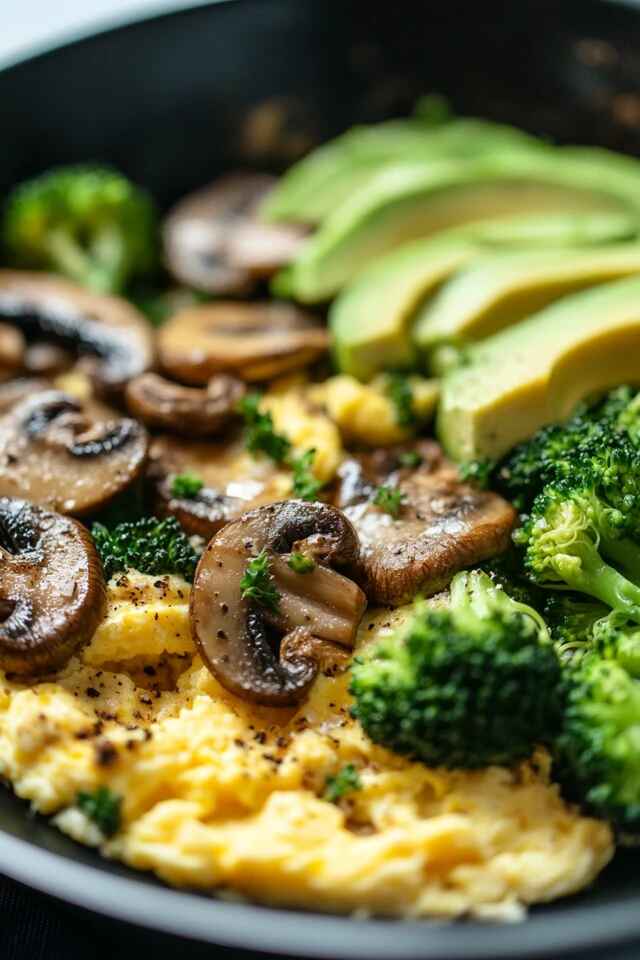scrambled eggs with sautéed mushrooms, broccoli, and avocado in a skilletrecipe
