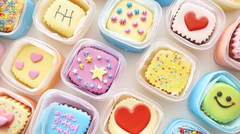 Assorted colorful bento cakes in individual eco-friendly boxes, each uniquely decorated with icing, sprinkles, and birthday designs.