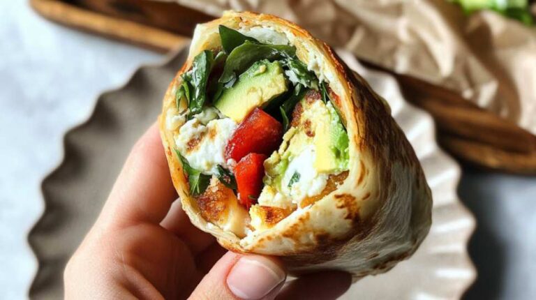 A hand holding a half-eaten cottage cheese and egg wrap filled with greens, red pepper, and avocado over a white plate.