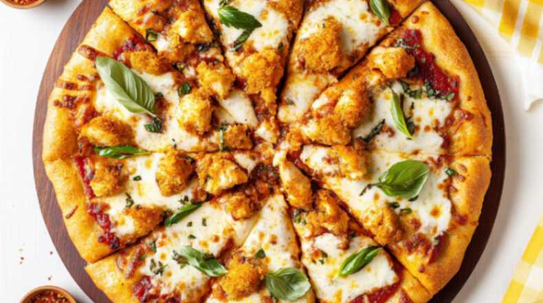 Top view of a chicken parmesan pizza topped with crispy chicken, melted mozzarella, fresh basil, and marinara sauce on a golden crust.
