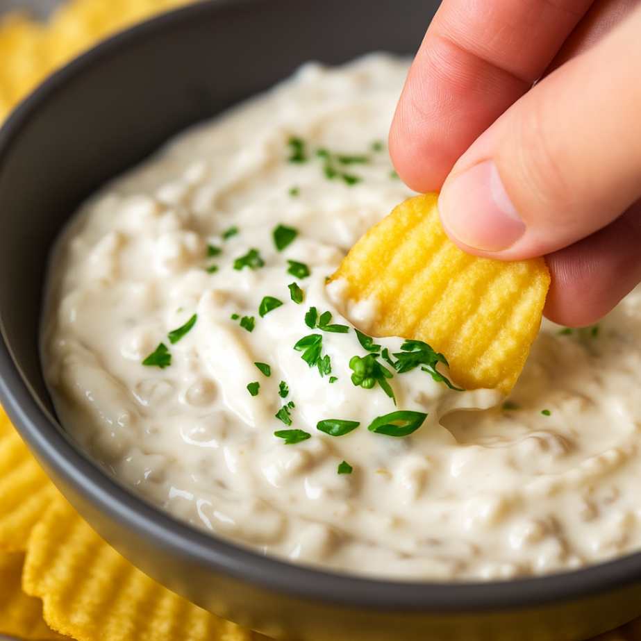 A hand dipping a ridged potato chip into a creamy French onion dip made with Greek yogurt, garnished with fresh herbs.