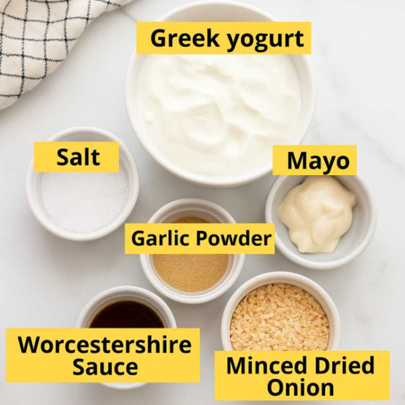 Top-down view of labeled French onion dip ingredients in white bowls, including Greek yogurt, mayo, salt, garlic powder, Worcestershire sauce, and minced dried onion.