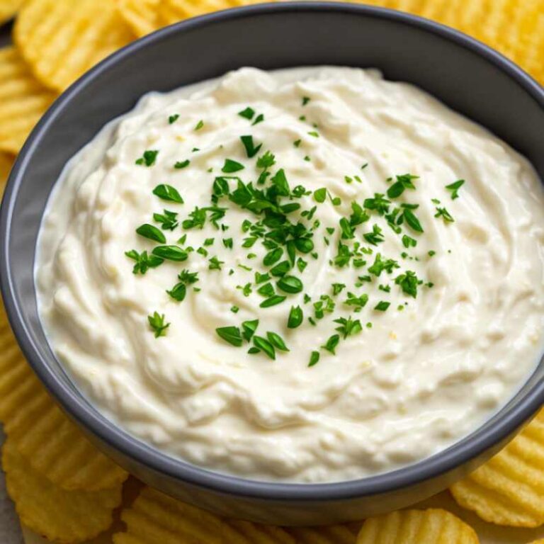 A bowl of creamy French onion dip made with Greek yogurt, topped with fresh chopped herbs, surrounded by ridged potato chips.