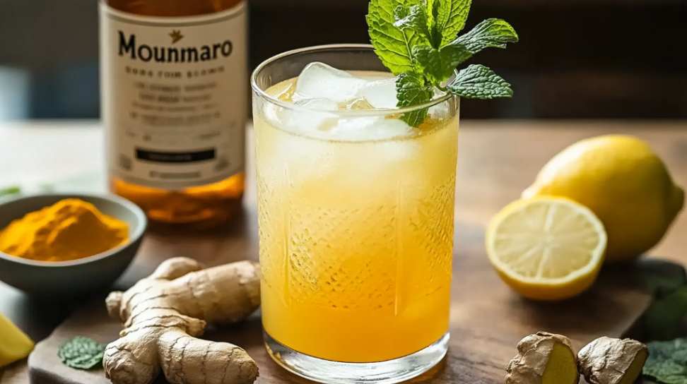 A glass of iced Natural Mounjaro tonic garnished with lemon and mint, next to fresh ginger, turmeric powder, and a labeled Mounnaro wellness bottle.