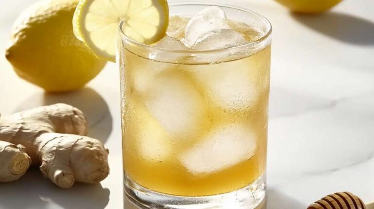 A glass of Natural Mounjaro drink with ice, garnished with a lemon slice, next to fresh ginger, lemon, and a honey dipper on a bright countertop.
