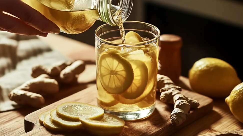 A hand pouring a golden Natural Mounjaro drink into a glass with lemon and ginger slices on a wooden board, surrounded by fresh ingredients.