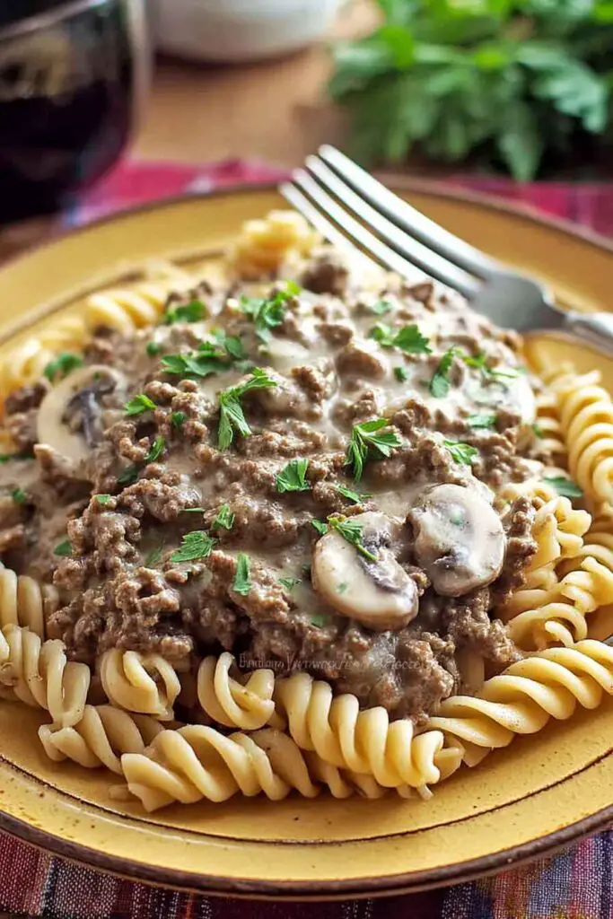 A hearty plate of ground beef stroganoff pasta served