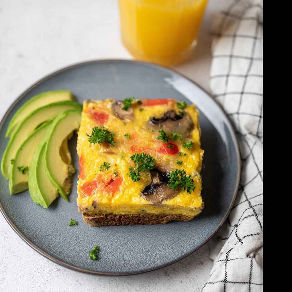 A square slice of egg casserole on toast, served with sliced avocado