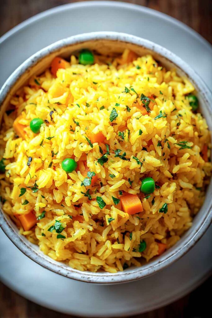 Golden, fluffy rice pilaf served in a ceramic bowl