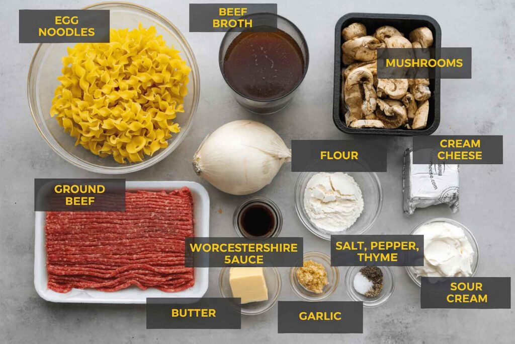 One-Pot Ground Beef Stroganoff ingredients