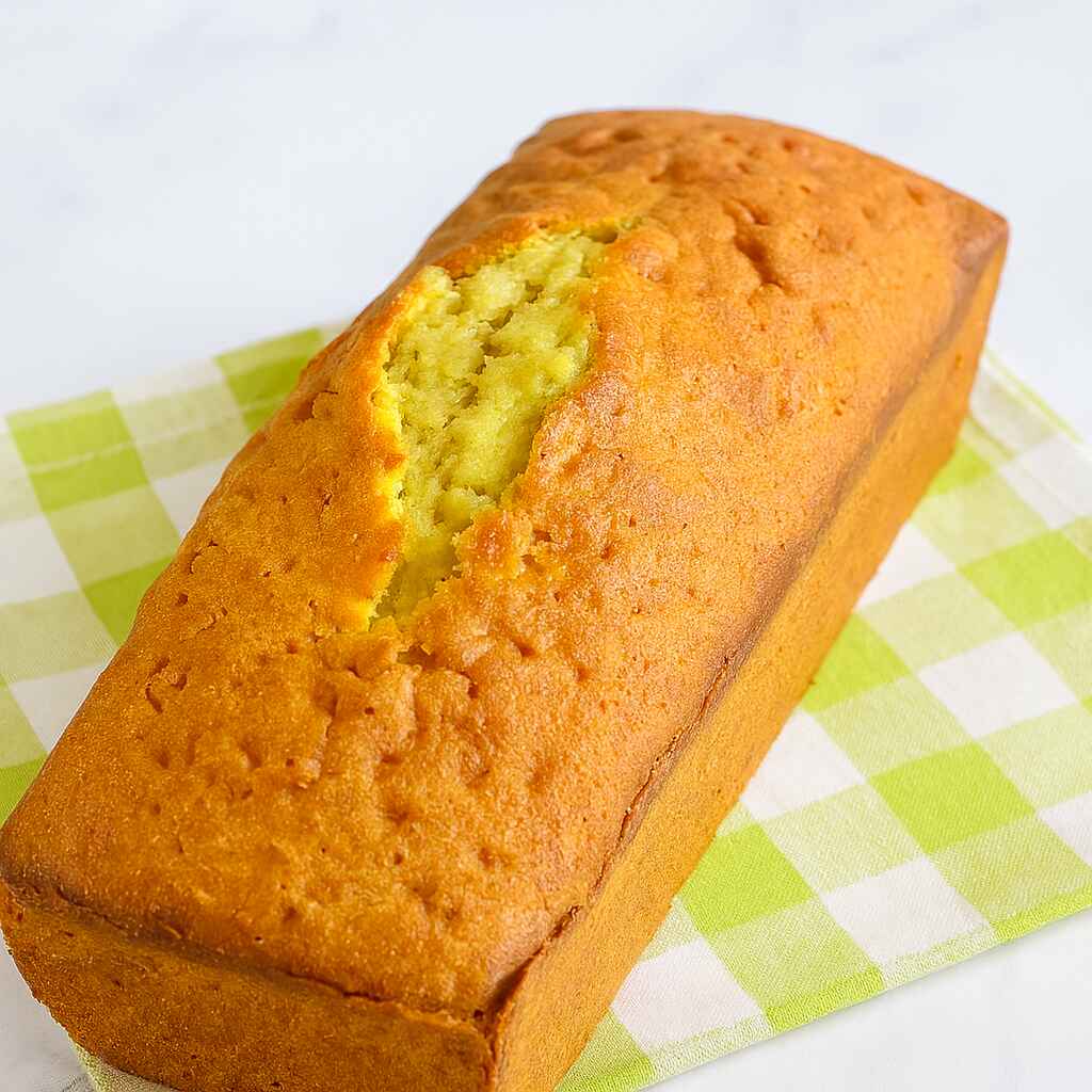 Whole vanilla loaf cake on a green checkered cloth over wooden surface.