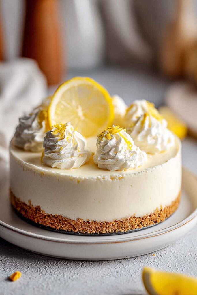  Keto No Bake Lemon Cheesecake on white plate