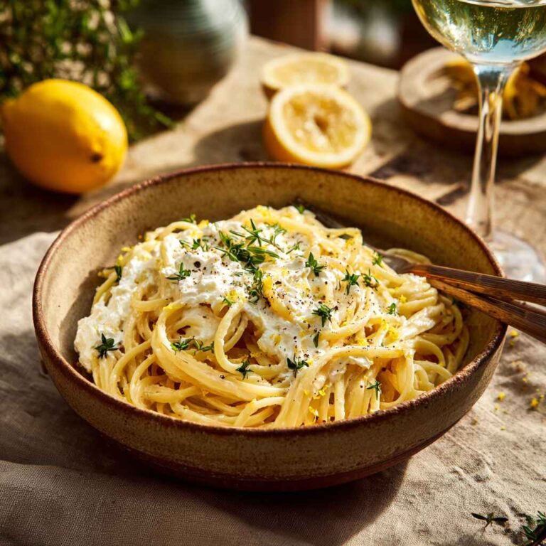 no cook lemon and ricotta pasta sauce in bowl