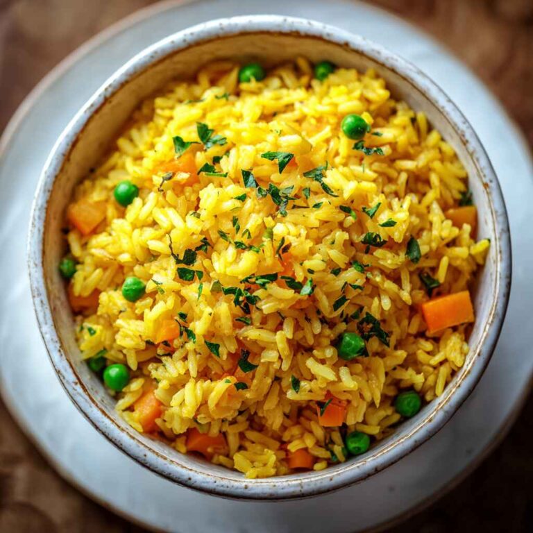 Golden, fluffy rice pilaf served in a ceramic bowl