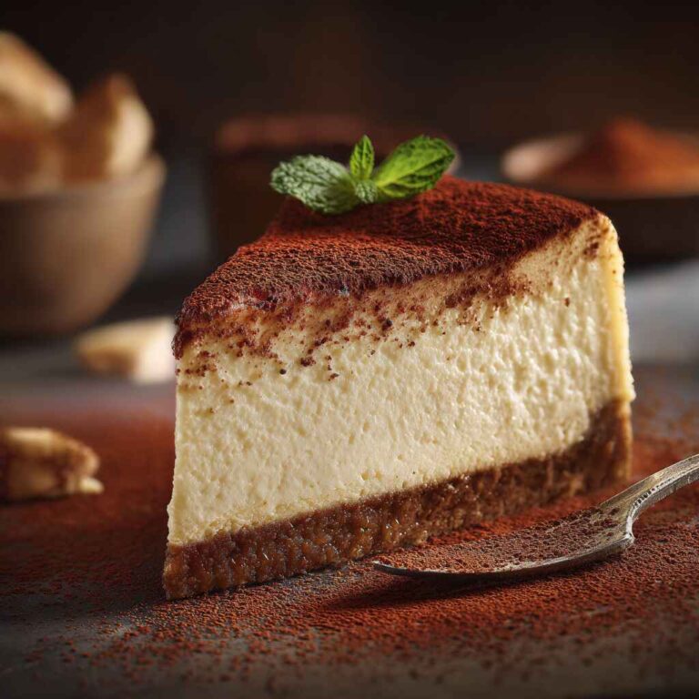 Close-up of tiramisu cheesecake slice on white plate with cocoa dusting