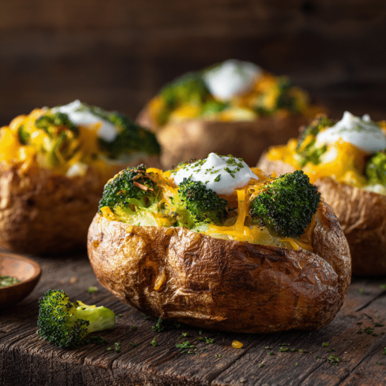 Baked potatoes stuffed with broccoli and cheese