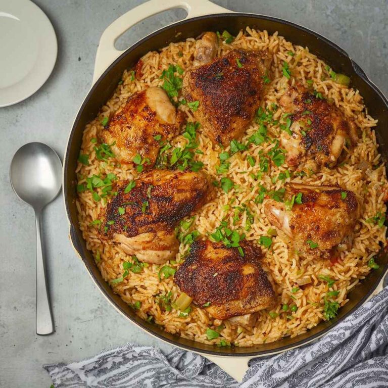 One Pot Chicken and Rice in a Dutch oven with golden chicken thighs and fluffy rice