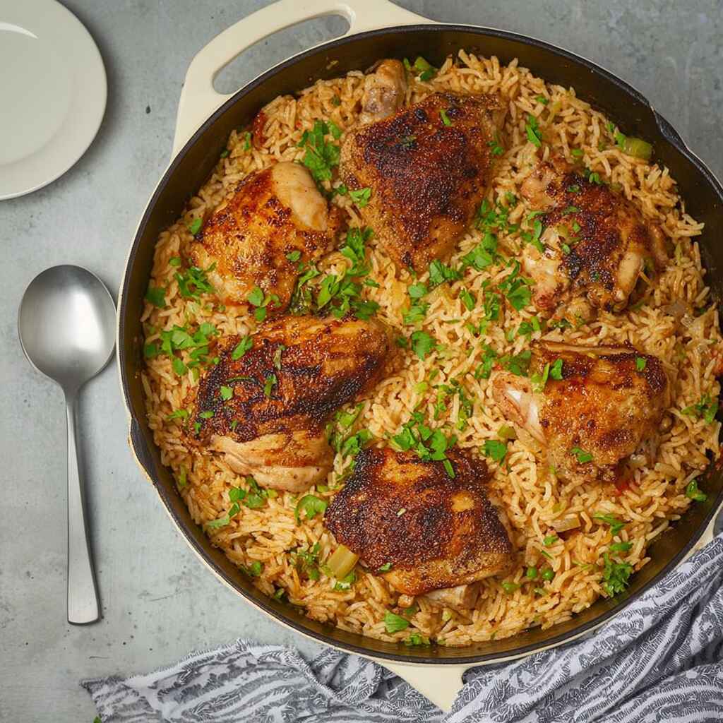 One Pot Chicken and Rice in a Dutch oven with golden chicken thighs and fluffy rice
