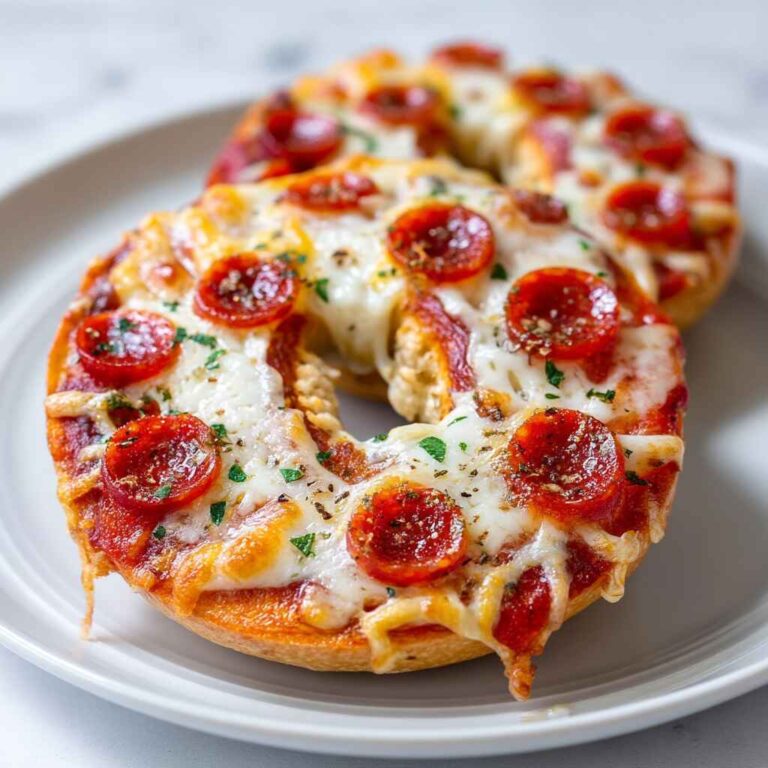 Bagel pizza fresh from the oven with bubbling cheese