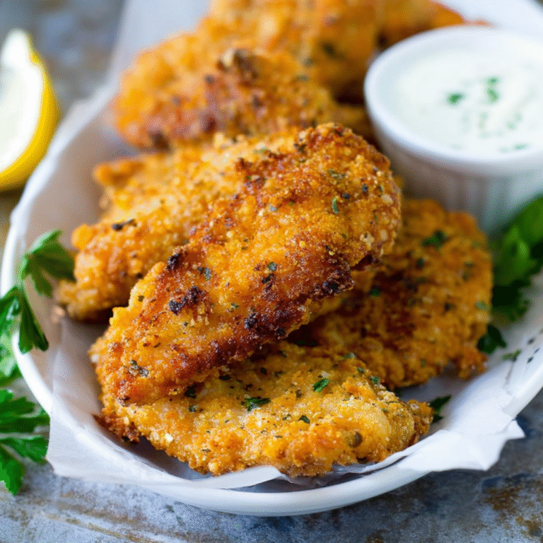 Crispy baked fried chicken served on a plate with herbs and spices.