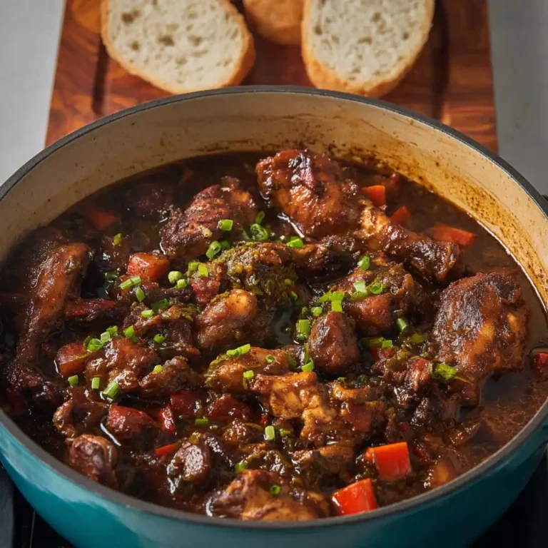 Delicious plate of Brown Stew Chicken with vibrant vegetables and spices