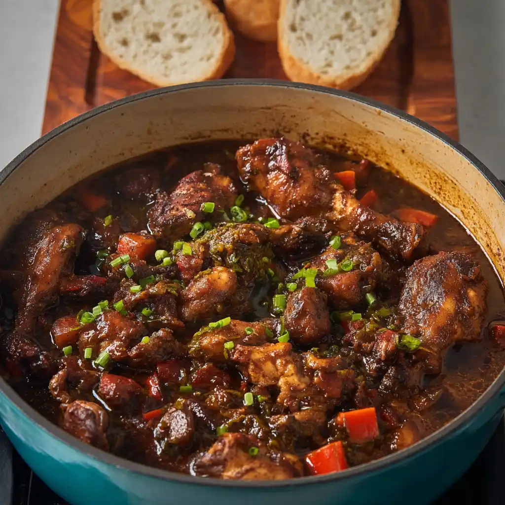 Delicious plate of Brown Stew Chicken with vibrant vegetables and spices