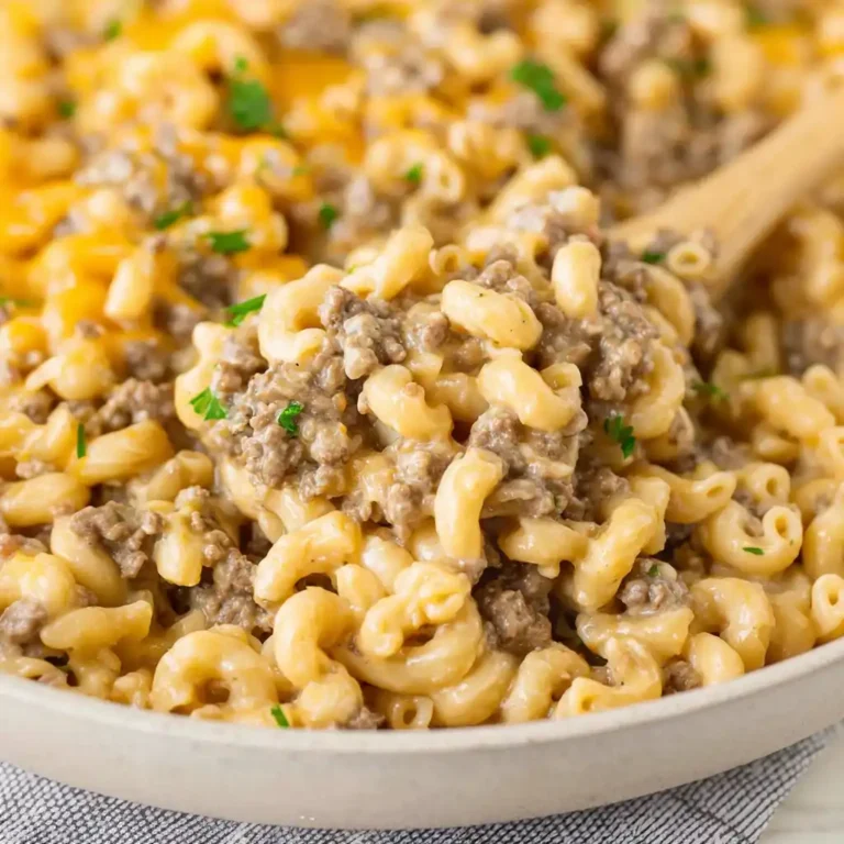 Delicious cheeseburger macaroni dish cooked with cheese and ground beef