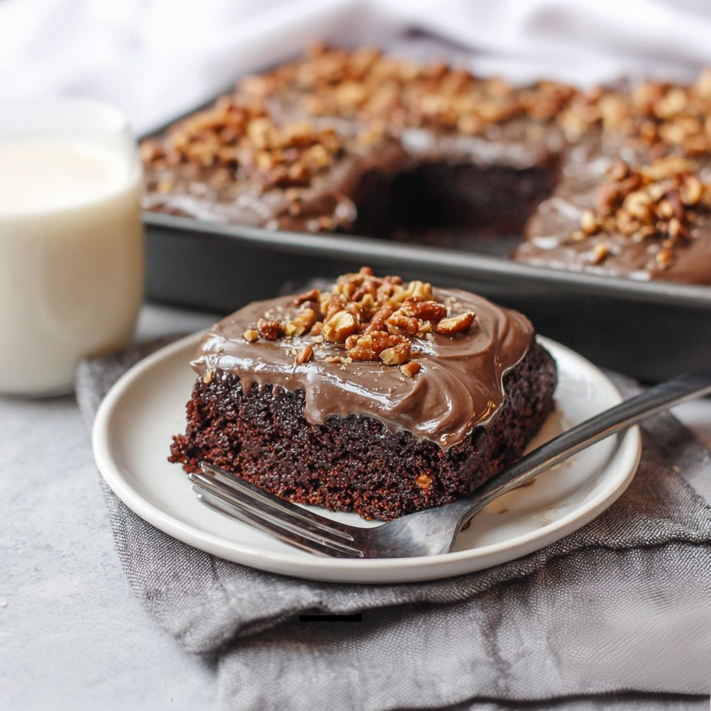 Delicious chocolate sheet cake with chocolate frosting and sprinkles