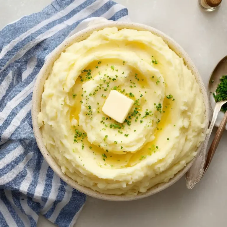 Creamy classic mashed potatoes served in a bowl with butter and herbs