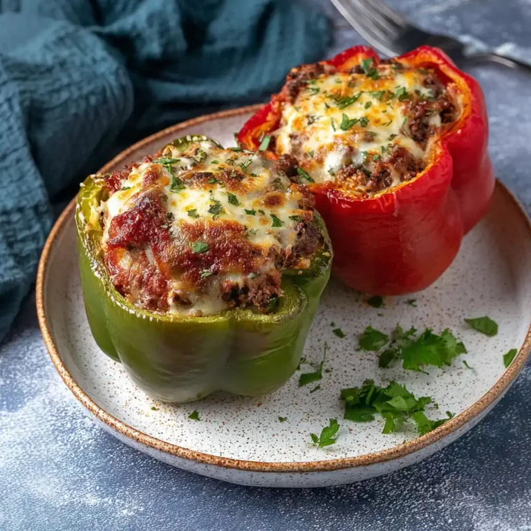 Classic stuffed peppers filled with rice, ground beef, and vegetables.