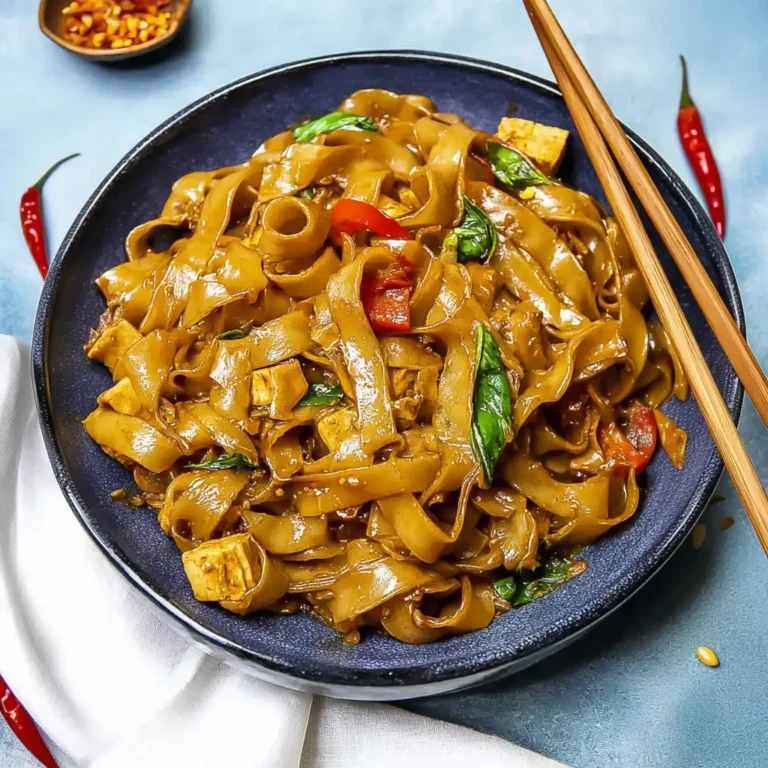 Delicious plate of Drunken Noodles (Pad Kee Mao) garnished with fresh herbs