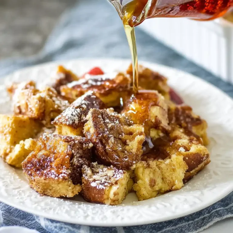 Delicious French Toast Casserole topped with syrup and fresh berries