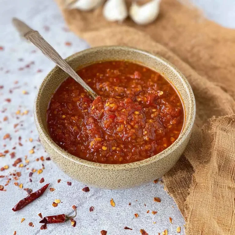 Bowl of homemade chili garlic sauce with fresh garlic and chili flakes.